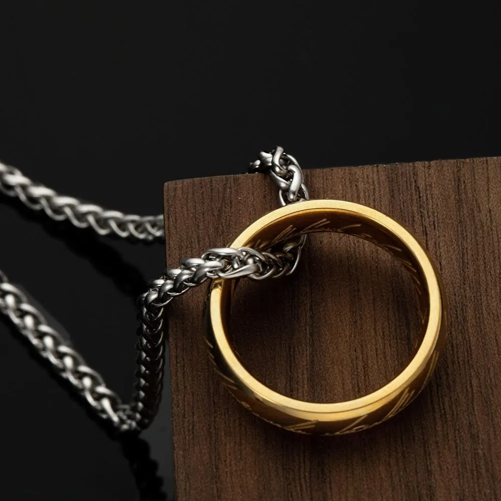 Engraved Titanium Steel Gold Ring Pendant Necklace with Wheat Silver Chain for Men Women