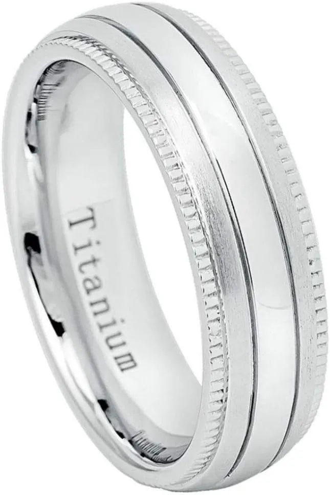 Engraving Ring for Men and Ring for Women Titanium Band Rings 7mm White IP Plated Titanium Ring Brushed Center Shiny Milgrain Edge Wedding Band Ring Ideal Rings for Couples