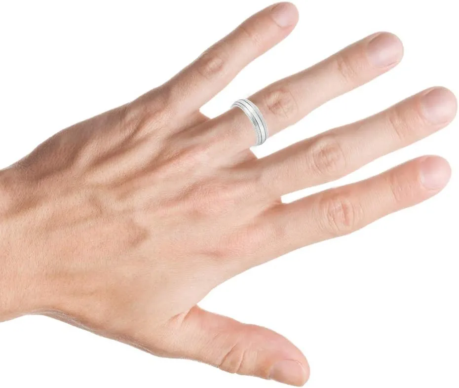Engraving Ring for Men and Ring for Women Titanium Band Rings 7mm White IP Plated Titanium Ring Brushed Center Shiny Milgrain Edge Wedding Band Ring Ideal Rings for Couples