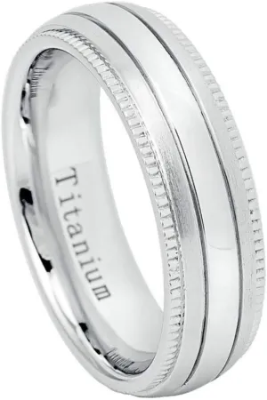 Engraving Ring for Men and Ring for Women Titanium Band Rings 7mm White IP Plated Titanium Ring Brushed Center Shiny Milgrain Edge Wedding Band Ring Ideal Rings for Couples