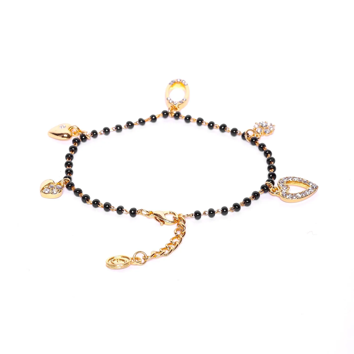 Estele Gold Plated Florat Heart Loop Shaped Black Beads Bracelet with Austrian Crystals for Women