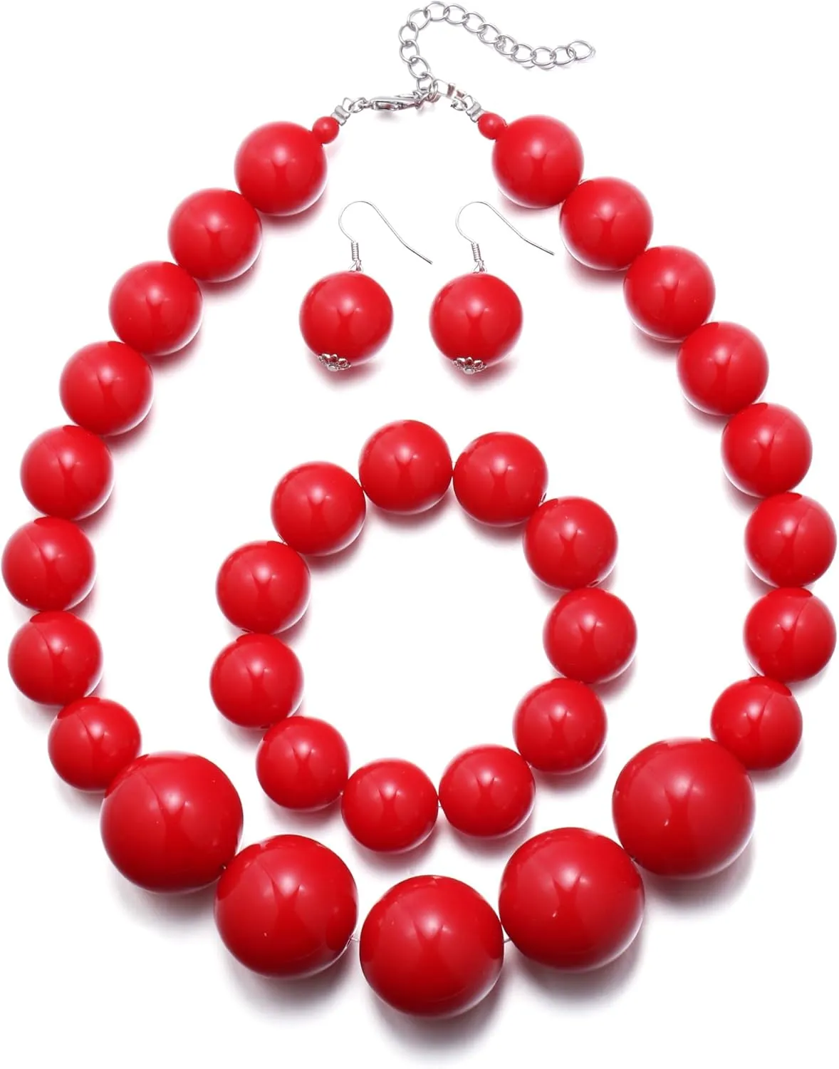 EVER FAITH Chunky Large Beads Strand Necklace for Prom, Resin Beaded Boho Bib Statement Choker Necklaces Hook Dangle Earrings Stretch Bracelet 1920s Costume Jewelry for Women