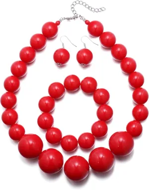 EVER FAITH Chunky Large Beads Strand Necklace for Prom, Resin Beaded Boho Bib Statement Choker Necklaces Hook Dangle Earrings Stretch Bracelet 1920s Costume Jewelry for Women