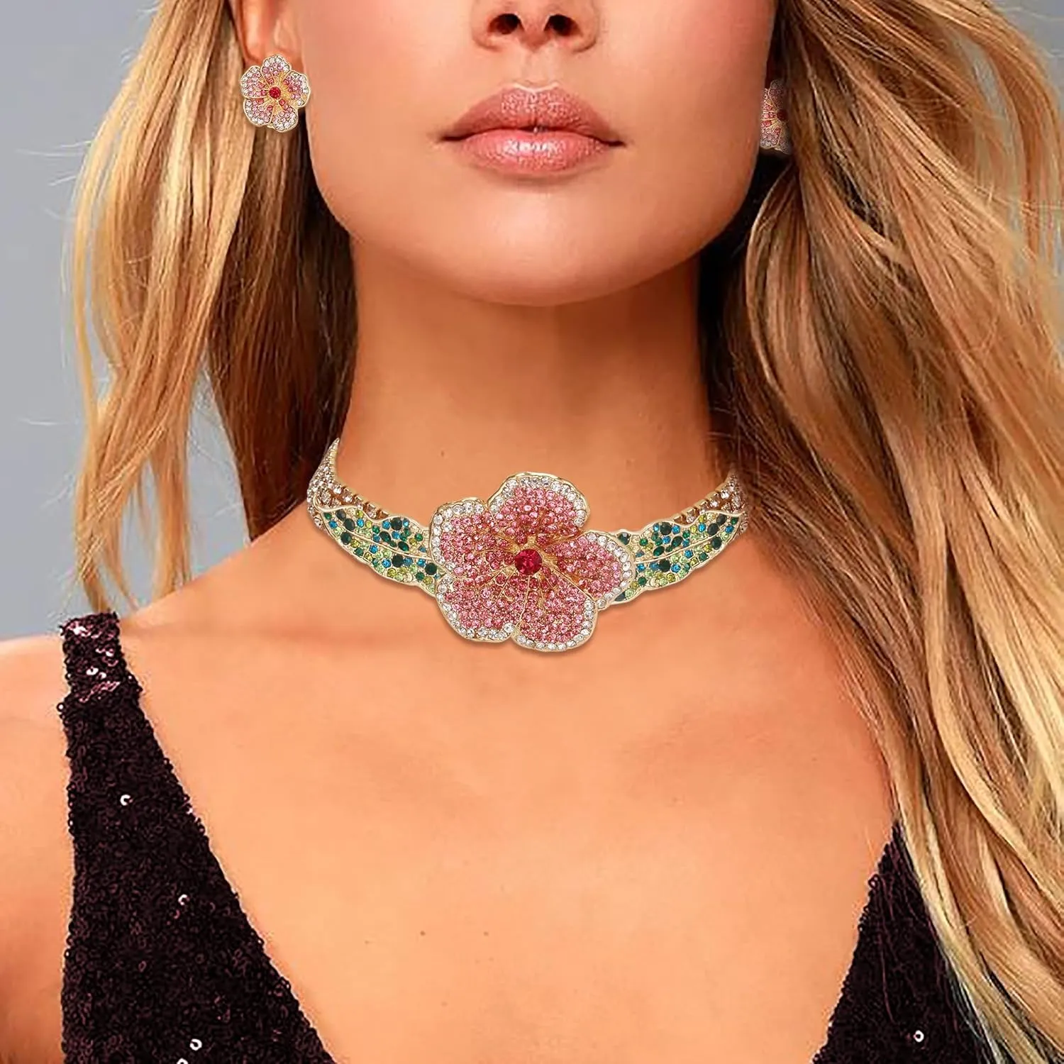 EVER FAITH Crystal Flower Collar Necklace, Gold Plated Layered Tennis Chain Spring Blooming Rose Statement Choker Necklaces Stud Earrings Boho Party Prom Jewelry Accessories for Women