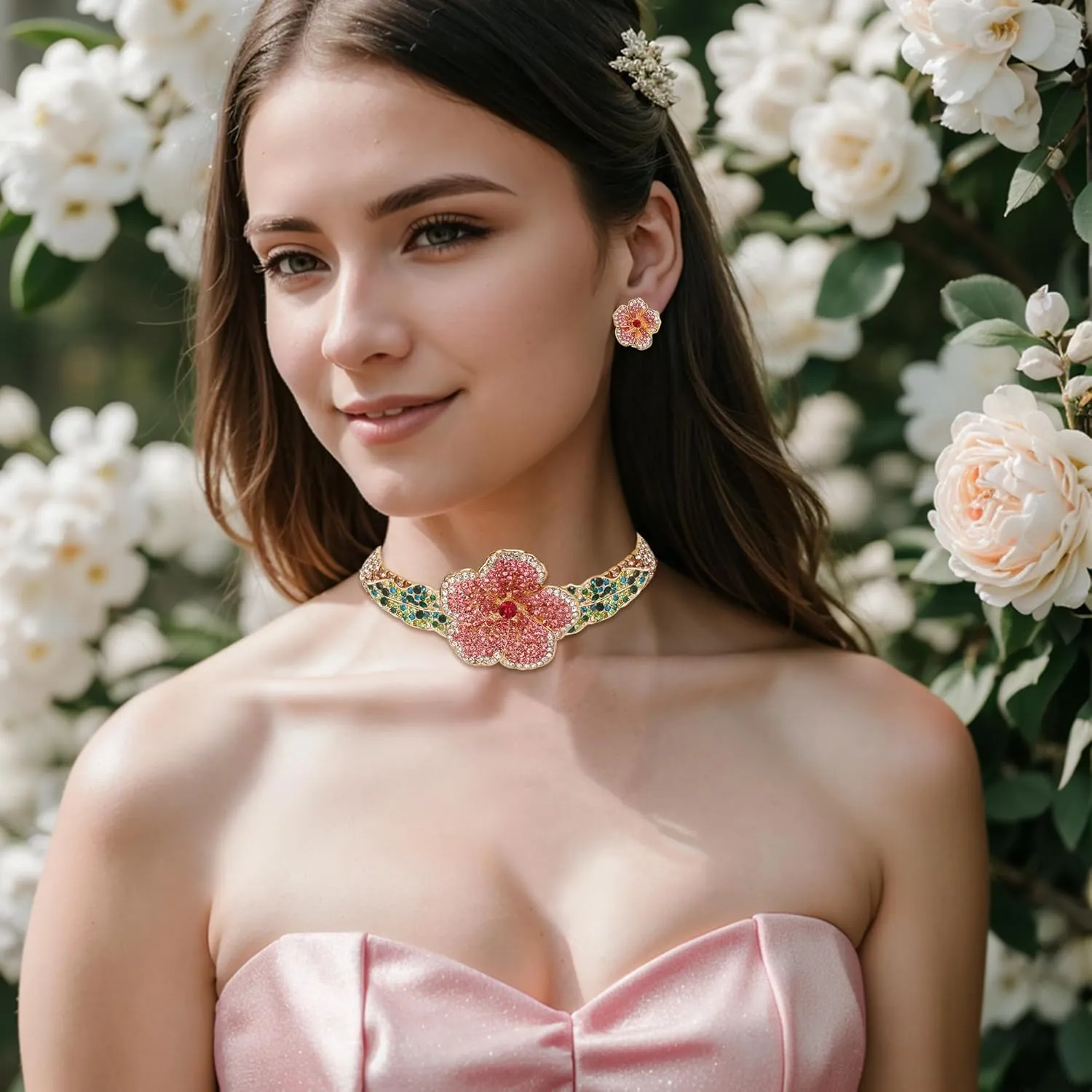 EVER FAITH Crystal Flower Collar Necklace, Gold Plated Layered Tennis Chain Spring Blooming Rose Statement Choker Necklaces Stud Earrings Boho Party Prom Jewelry Accessories for Women