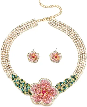 EVER FAITH Crystal Flower Collar Necklace, Gold Plated Layered Tennis Chain Spring Blooming Rose Statement Choker Necklaces Stud Earrings Boho Party Prom Jewelry Accessories for Women