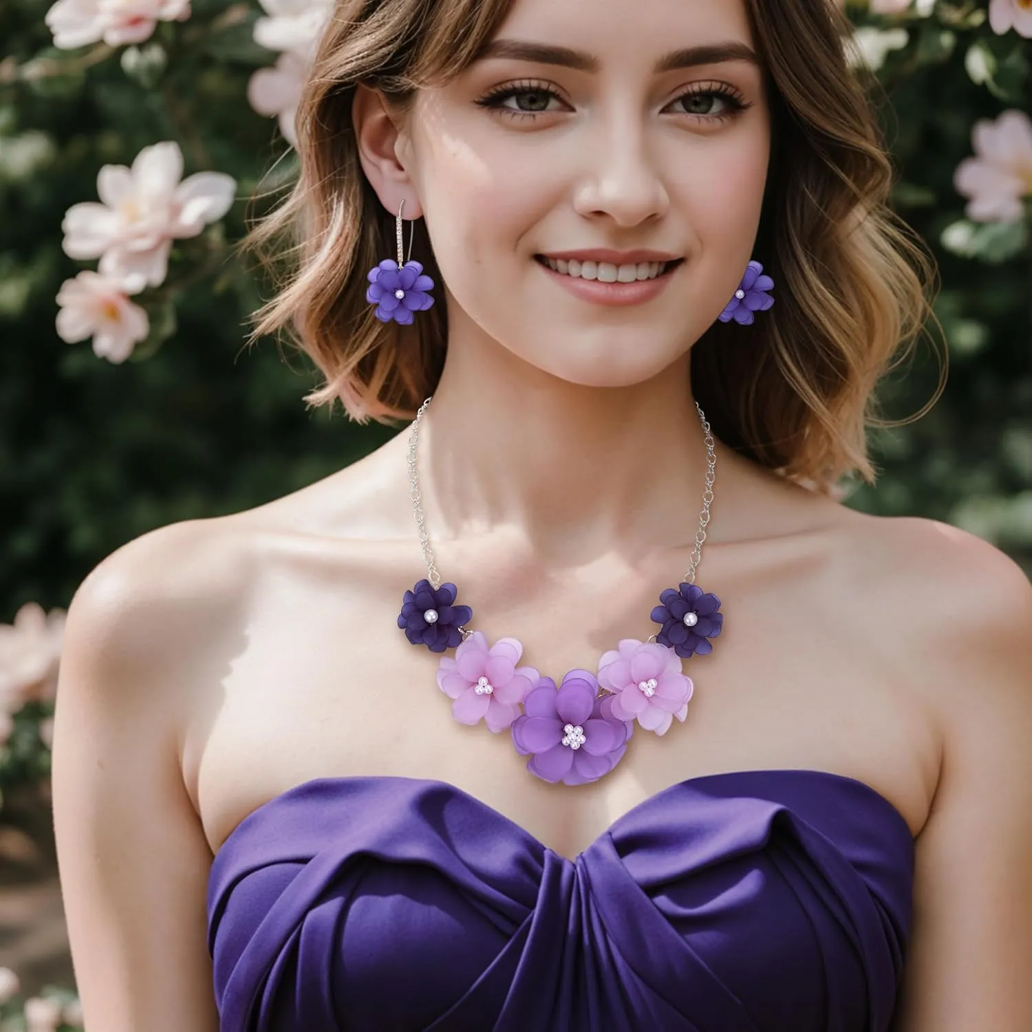 EVER FAITH Flower Collar Necklace, Faux Pearl Floral Summer Beach Statement Choker Necklaces Dangle Earrings for Women, Handmade Fashion Boho Party Prom Jewelry Accessories