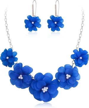 EVER FAITH Flower Collar Necklace, Faux Pearl Floral Summer Beach Statement Choker Necklaces Dangle Earrings for Women, Handmade Fashion Boho Party Prom Jewelry Accessories
