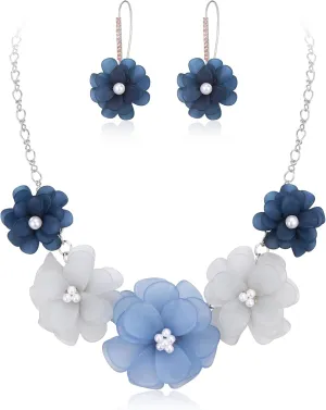 EVER FAITH Flower Collar Necklace, Faux Pearl Floral Summer Beach Statement Choker Necklaces Dangle Earrings for Women, Handmade Fashion Boho Party Prom Jewelry Accessories