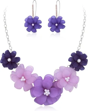 EVER FAITH Flower Collar Necklace, Faux Pearl Floral Summer Beach Statement Choker Necklaces Dangle Earrings for Women, Handmade Fashion Boho Party Prom Jewelry Accessories