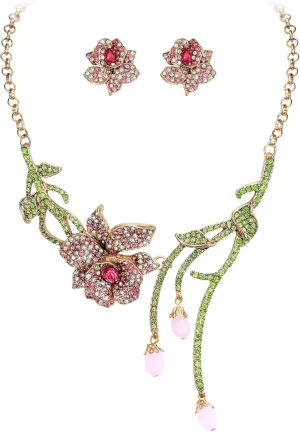EVER FAITH Rhinestone Pink Flower Collar Necklace, Faux Beaded Spring Rose Leaf Statement Choker Necklaces Stud Earrings for Women, Fashion Boho Party Prom Jewelry Accessories