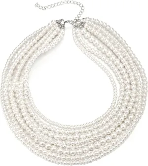 EVER FAITH Vintage Layered Faux Pearls Choker Necklace for Women, 1920s Cosply Themed Party Accessories Multi-Strand Simulated Pearl Bib Collar Statement Necklaces for Prom