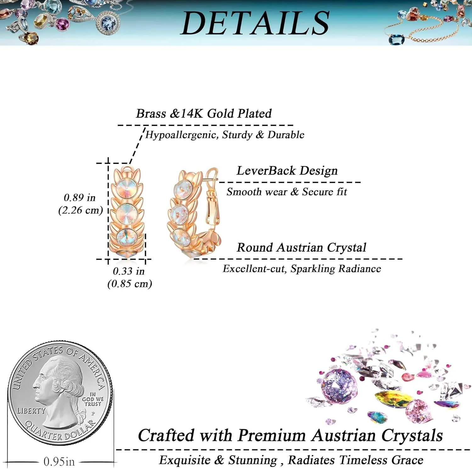 EVEVIC Austrian Crystal Hoop Earrings for Women Wheat Leverback Earrings 14K Gold Plated Hypoallergenic Jewelry Gifts