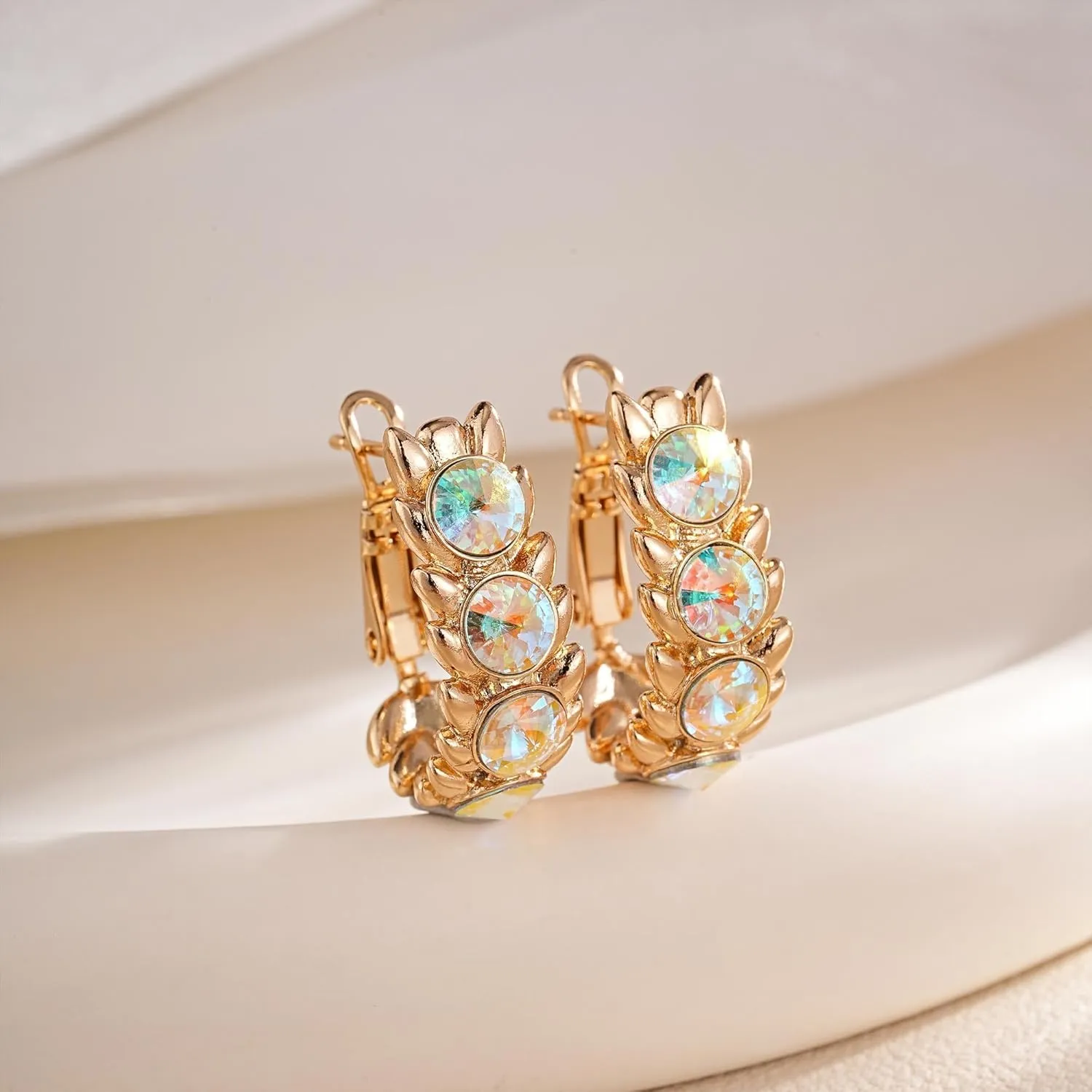 EVEVIC Austrian Crystal Hoop Earrings for Women Wheat Leverback Earrings 14K Gold Plated Hypoallergenic Jewelry Gifts