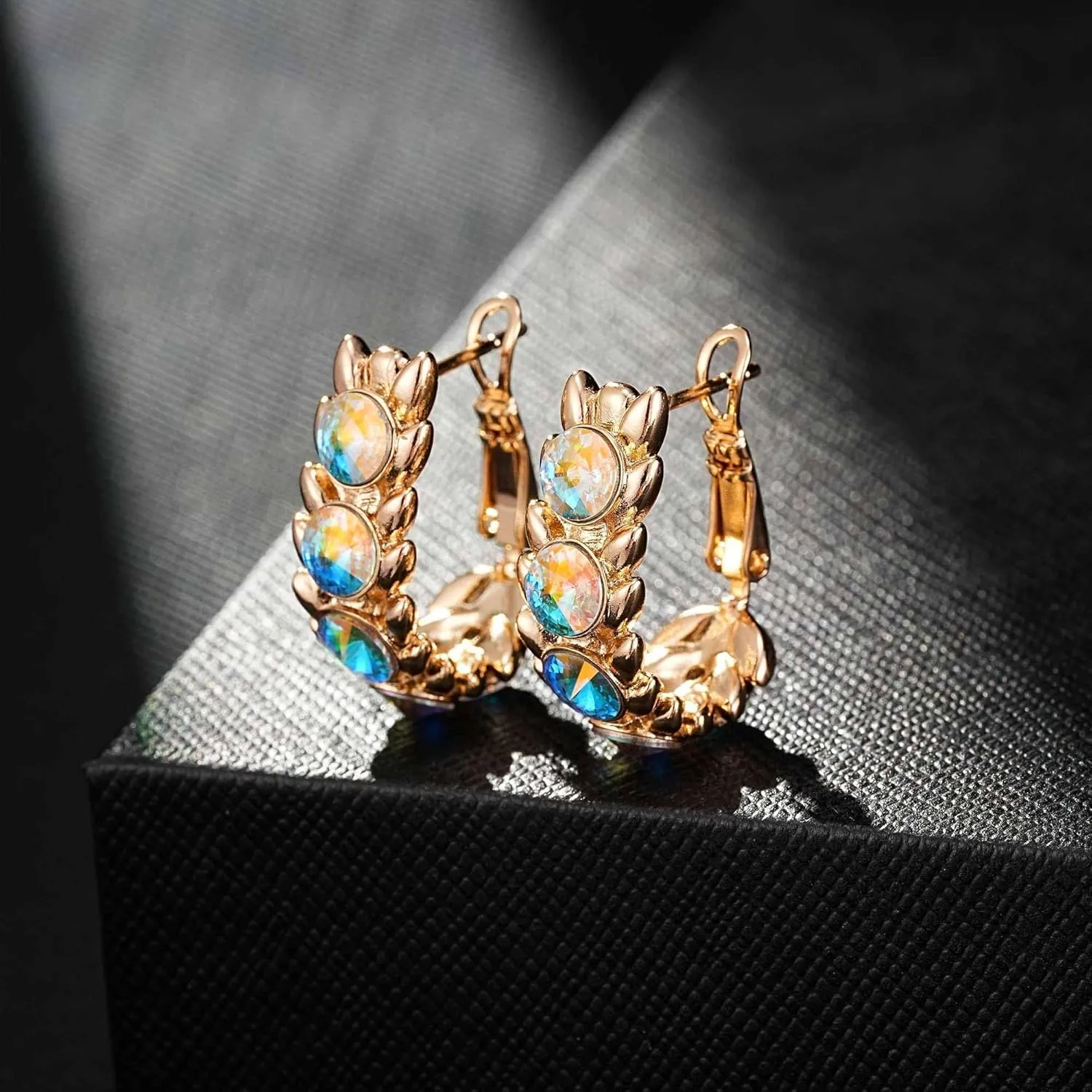 EVEVIC Austrian Crystal Hoop Earrings for Women Wheat Leverback Earrings 14K Gold Plated Hypoallergenic Jewelry Gifts
