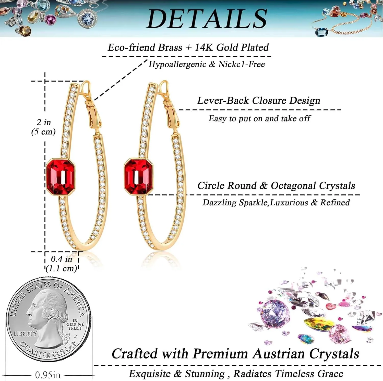 EVEVIC Stunning Austrian Crystal Big Oval Hoop Earrings for Women Fashion 14K Gold Plated Hypoallergenic Jewelry Gift