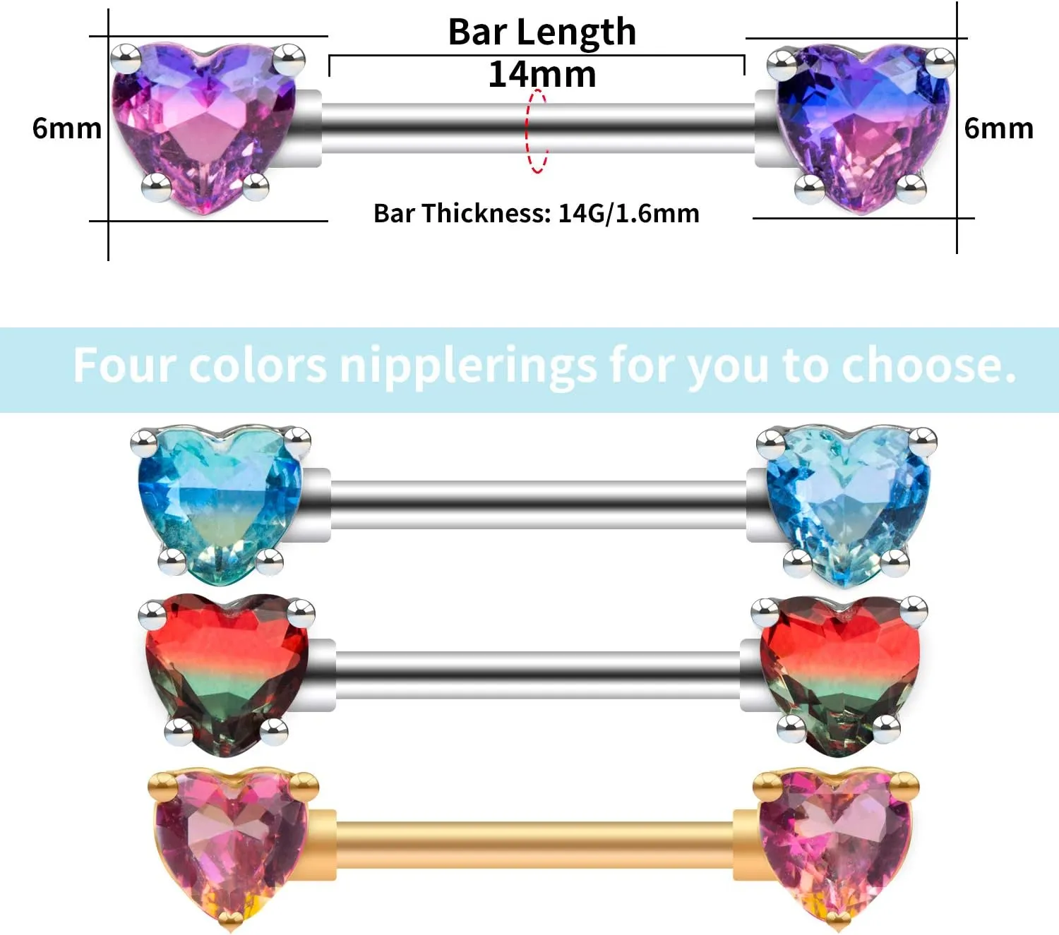 Excepro 2PCS Nipple Barbell 316L Surgical SS PVD Plated Multi-color Red Blue Rainbow Pink Purple CZ Heart shaped Nipple Piercing Shiny Sparkingly Nipple Rings