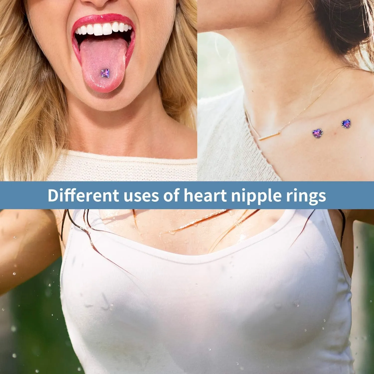 Excepro 2PCS Nipple Barbell 316L Surgical SS PVD Plated Multi-color Red Blue Rainbow Pink Purple CZ Heart shaped Nipple Piercing Shiny Sparkingly Nipple Rings