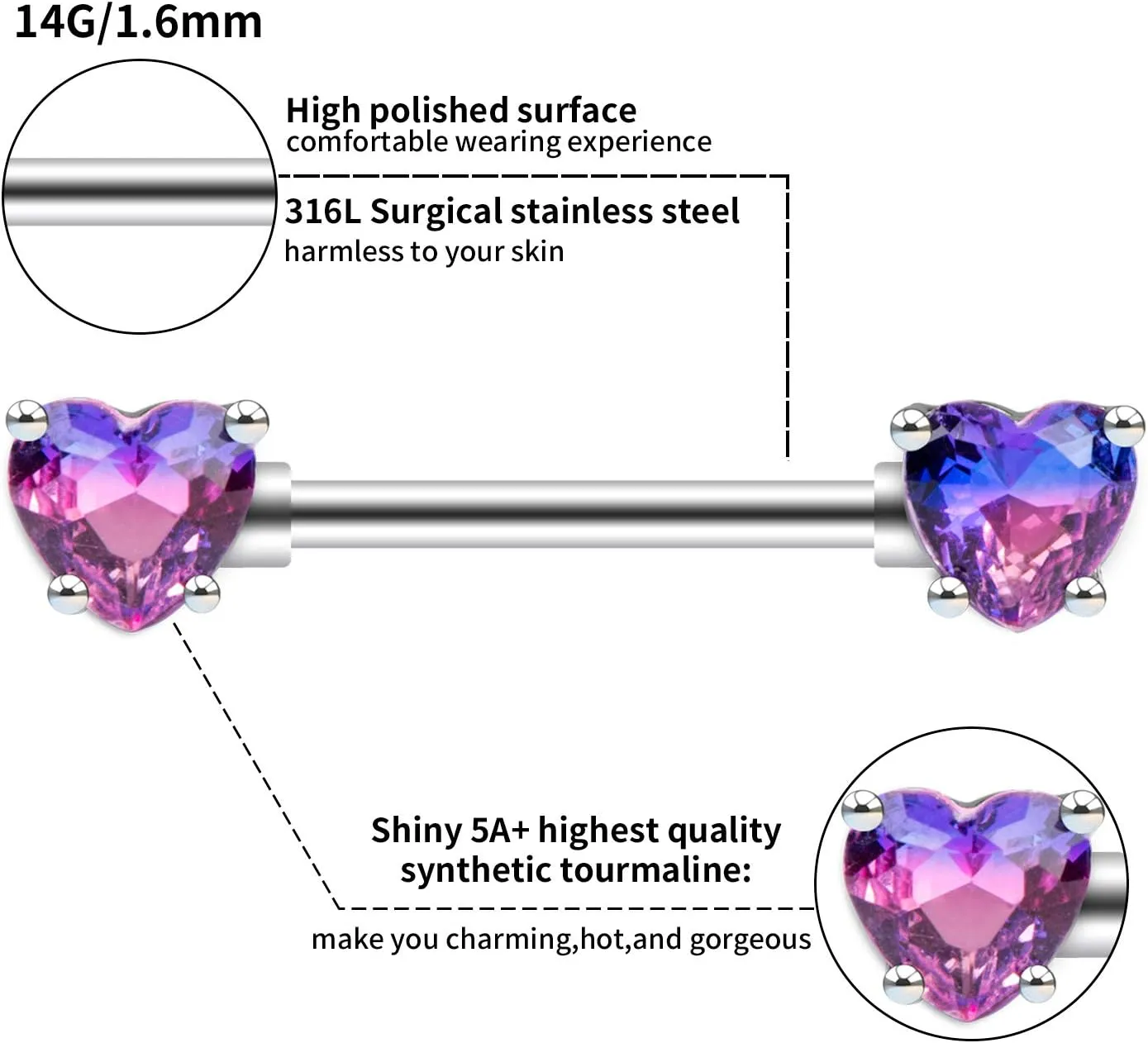 Excepro 2PCS Nipple Barbell 316L Surgical SS PVD Plated Multi-color Red Blue Rainbow Pink Purple CZ Heart shaped Nipple Piercing Shiny Sparkingly Nipple Rings