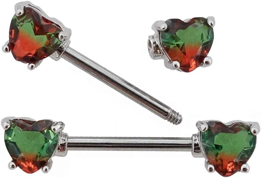 Excepro 2PCS Nipple Barbell 316L Surgical SS PVD Plated Multi-color Red Blue Rainbow Pink Purple CZ Heart shaped Nipple Piercing Shiny Sparkingly Nipple Rings