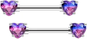 Excepro 2PCS Nipple Barbell 316L Surgical SS PVD Plated Multi-color Red Blue Rainbow Pink Purple CZ Heart shaped Nipple Piercing Shiny Sparkingly Nipple Rings