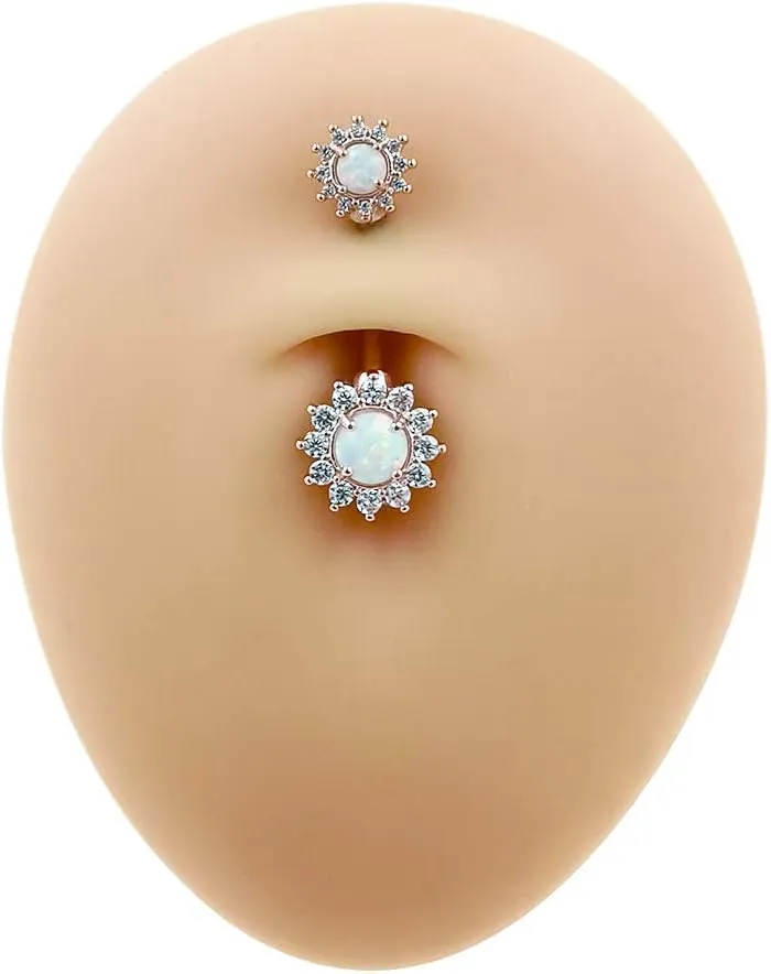 Excepro Belly Rings 316L Surgical SS 14G White Blue Sun Flower CZ Opal Body Jewelry Shiny Belly Button Rings