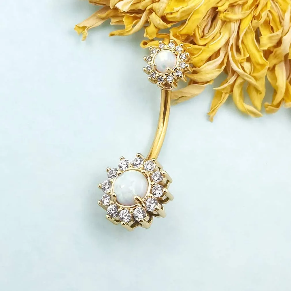 Excepro Belly Rings 316L Surgical SS 14G White Blue Sun Flower CZ Opal Body Jewelry Shiny Belly Button Rings