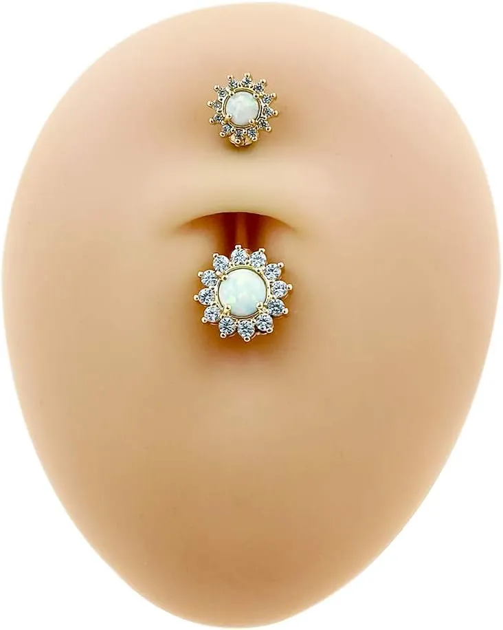 Excepro Belly Rings 316L Surgical SS 14G White Blue Sun Flower CZ Opal Body Jewelry Shiny Belly Button Rings