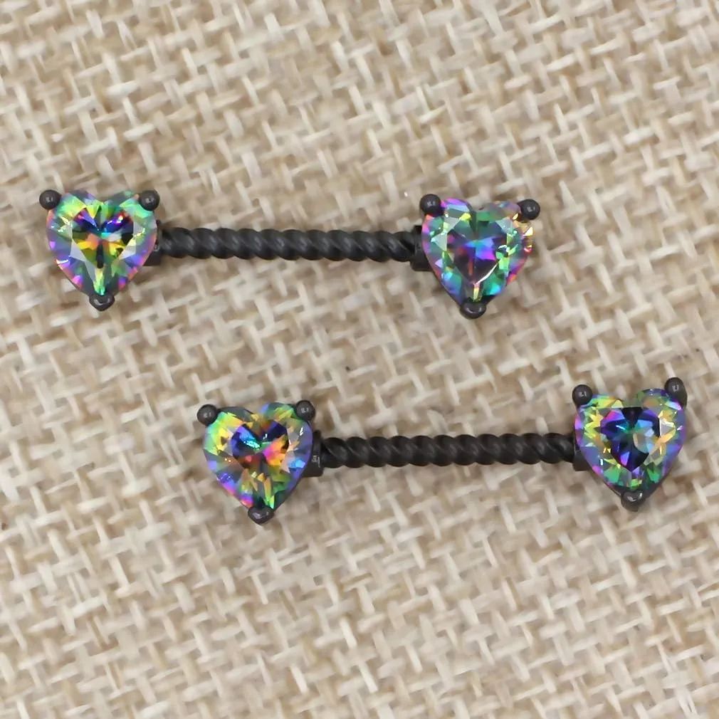 Excepro Nipple Ring 316L Surgical SS Multicolor PVD Plated Rainbow CZ Heart Round Shiny Mysterious Sparkly Nipple Jewelry Rings