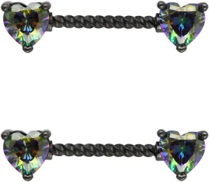 Excepro Nipple Ring 316L Surgical SS Multicolor PVD Plated Rainbow CZ Heart Round Shiny Mysterious Sparkly Nipple Jewelry Rings