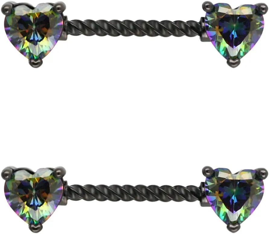 Excepro Nipple Ring 316L Surgical SS Multicolor PVD Plated Rainbow CZ Heart Round Shiny Mysterious Sparkly Nipple Jewelry Rings