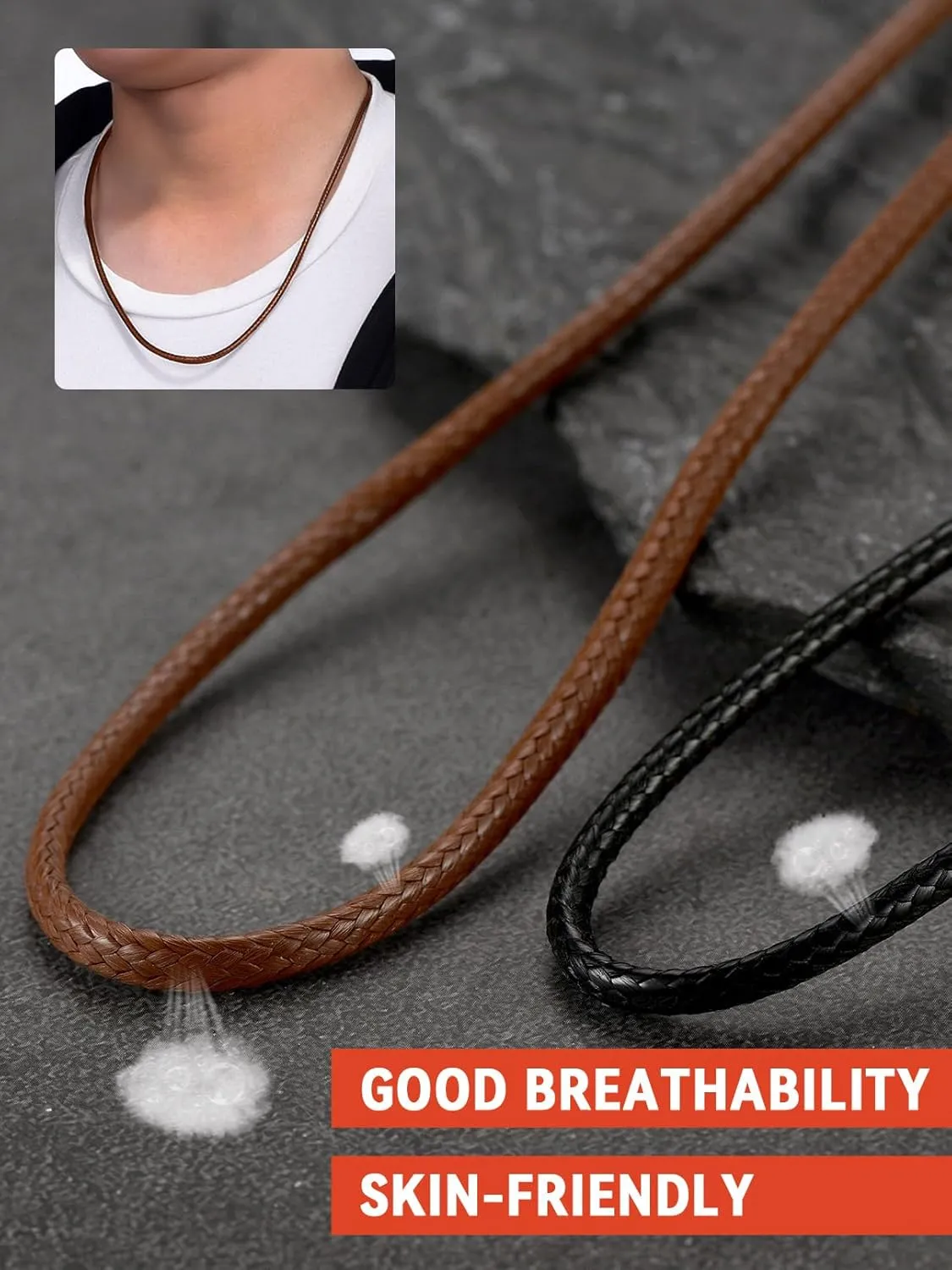 FaithHeart Braided Leather 2MM/3MM Necklace Cord for Men with Stainless Steel Snap Clasp, Waterproof Woven Wax Rope Chain for Pendant with Delicate Gift Box