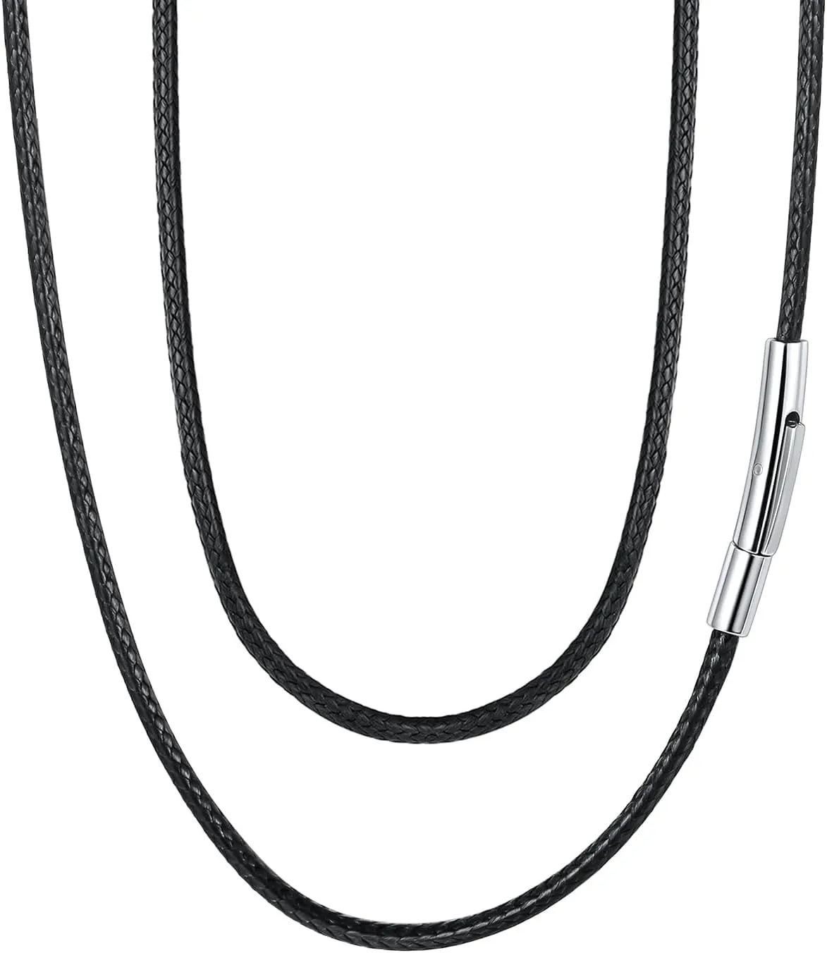 FaithHeart Braided Leather 2MM/3MM Necklace Cord for Men with Stainless Steel Snap Clasp, Waterproof Woven Wax Rope Chain for Pendant with Delicate Gift Box