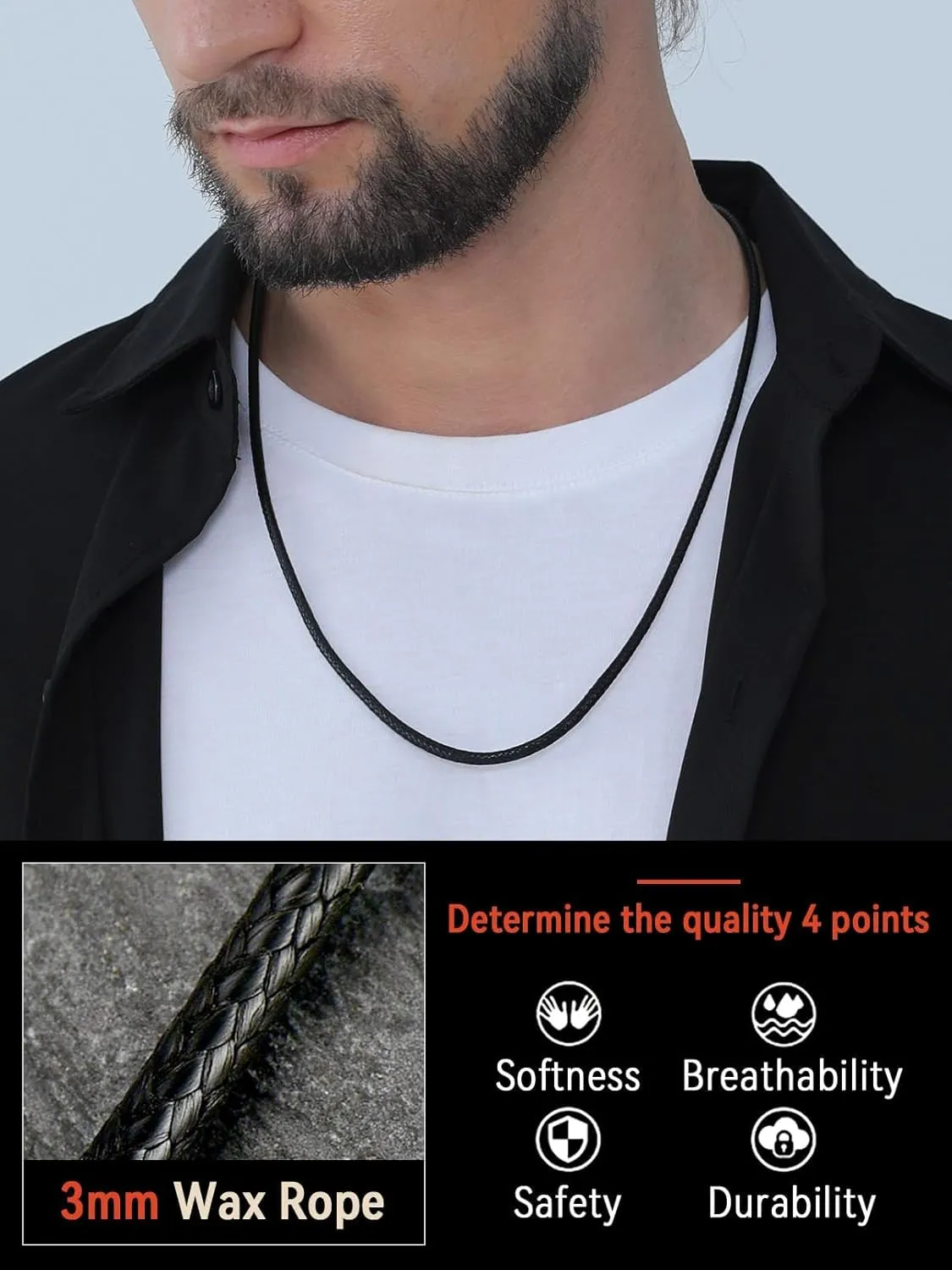 FaithHeart Braided Leather 2MM/3MM Necklace Cord for Men with Stainless Steel Snap Clasp, Waterproof Woven Wax Rope Chain for Pendant with Delicate Gift Box