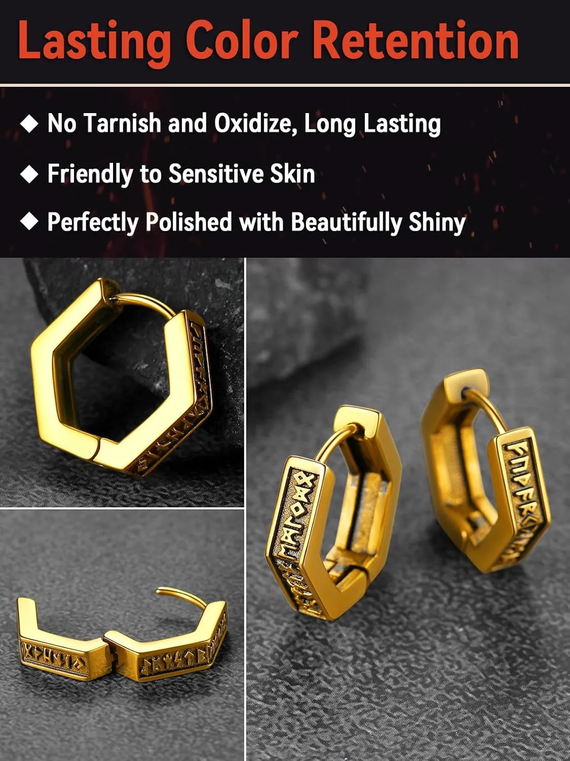 FaithHeart Norse Viking Runes Hoop Earrings for Men Hypoallergenic Stainless Steel Punk Huggie Hoop Earring Sturdy Norse Mythology Jewelry Gifts with Delicate Packaging
