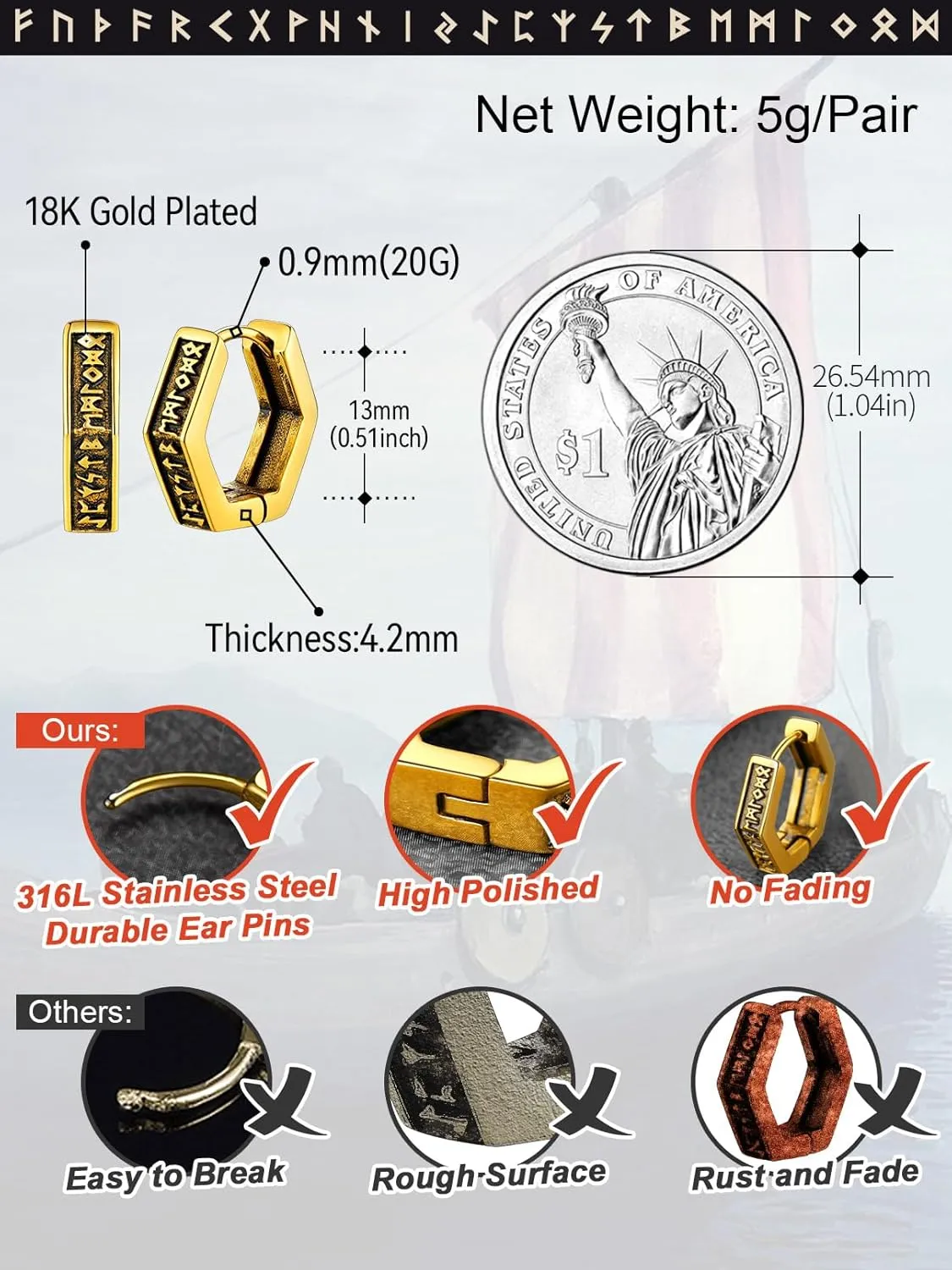 FaithHeart Norse Viking Runes Hoop Earrings for Men Hypoallergenic Stainless Steel Punk Huggie Hoop Earring Sturdy Norse Mythology Jewelry Gifts with Delicate Packaging