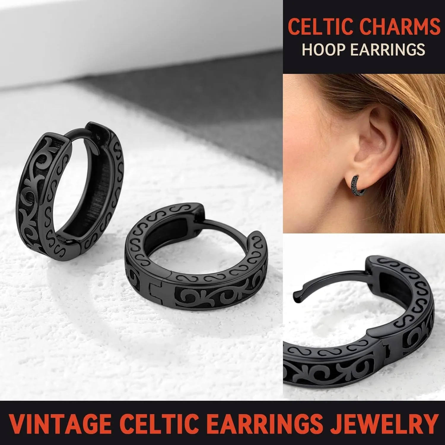 FaithHeart Norse Viking Runes Hoop Earrings for Men Hypoallergenic Stainless Steel Punk Huggie Hoop Earring Sturdy Norse Mythology Jewelry Gifts with Delicate Packaging