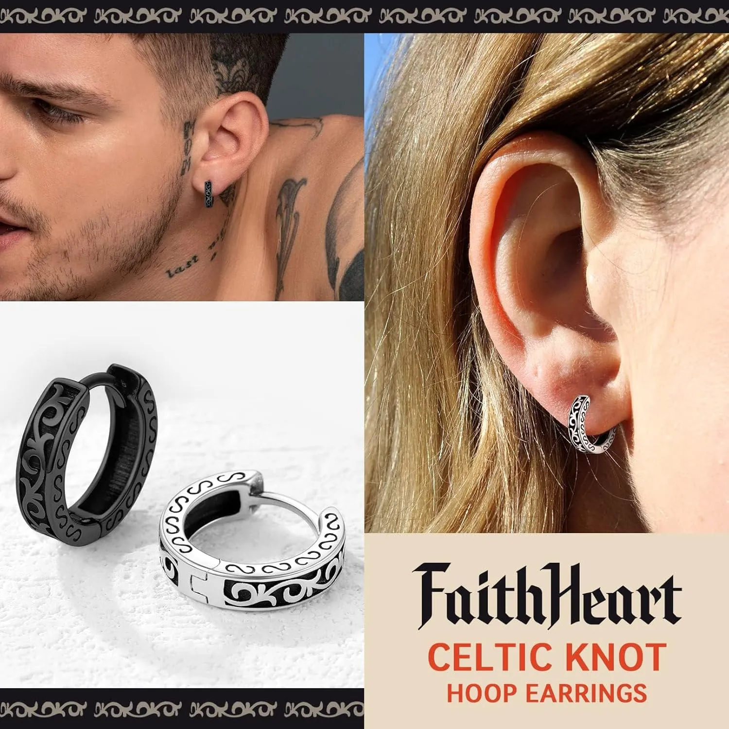 FaithHeart Norse Viking Runes Hoop Earrings for Men Hypoallergenic Stainless Steel Punk Huggie Hoop Earring Sturdy Norse Mythology Jewelry Gifts with Delicate Packaging