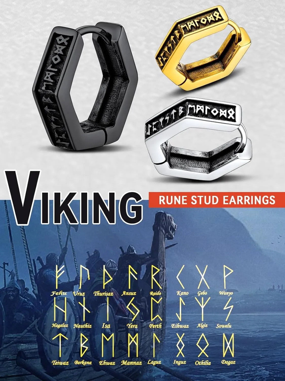 FaithHeart Norse Viking Runes Hoop Earrings for Men Hypoallergenic Stainless Steel Punk Huggie Hoop Earring Sturdy Norse Mythology Jewelry Gifts with Delicate Packaging