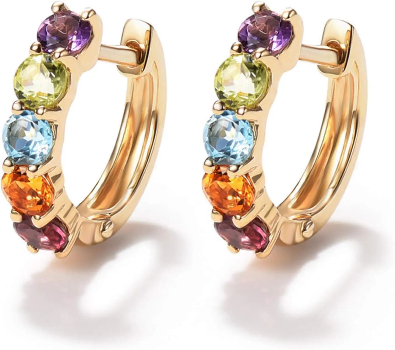 FANCIME Jewelry 14K Solid Yellow Gold 1.25cttw Multi Colored Amethyst Peridot Topaz Citrine Garnet Tiny Small Hinged Huggie Cartilage Hoop Earrings Dainty Delicate Gifts For Women,15mm