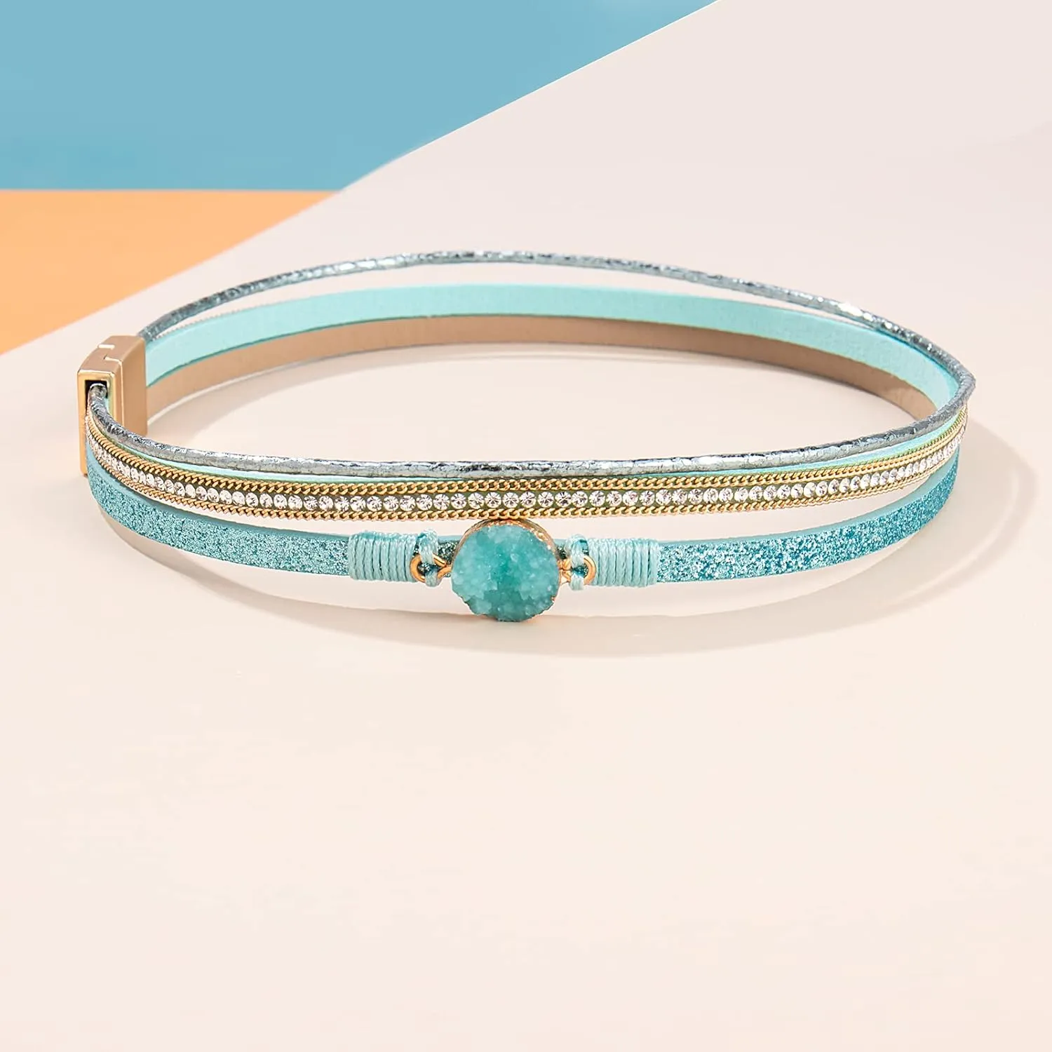 FANCY SHINY Boho Wrap Bracelets Leather Cuff Bracelet Bohemian Jewelry Resin Stone Leather Necklace with Clasp for Women