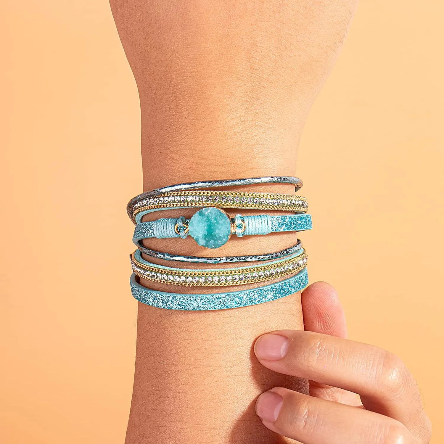 FANCY SHINY Boho Wrap Bracelets Leather Cuff Bracelet Bohemian Jewelry Resin Stone Leather Necklace with Clasp for Women