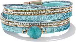 FANCY SHINY Boho Wrap Bracelets Leather Cuff Bracelet Bohemian Jewelry Resin Stone Leather Necklace with Clasp for Women