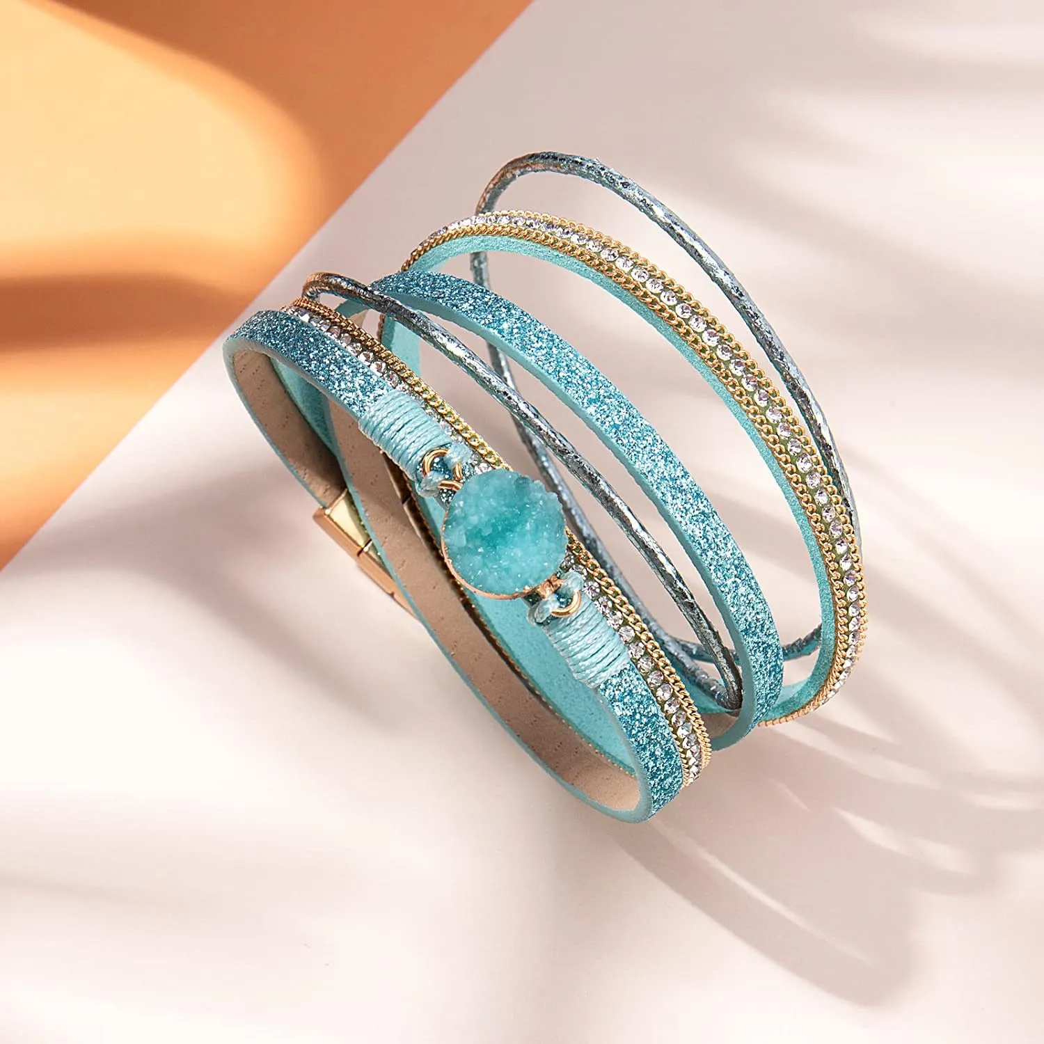 FANCY SHINY Boho Wrap Bracelets Leather Cuff Bracelet Bohemian Jewelry Resin Stone Leather Necklace with Clasp for Women