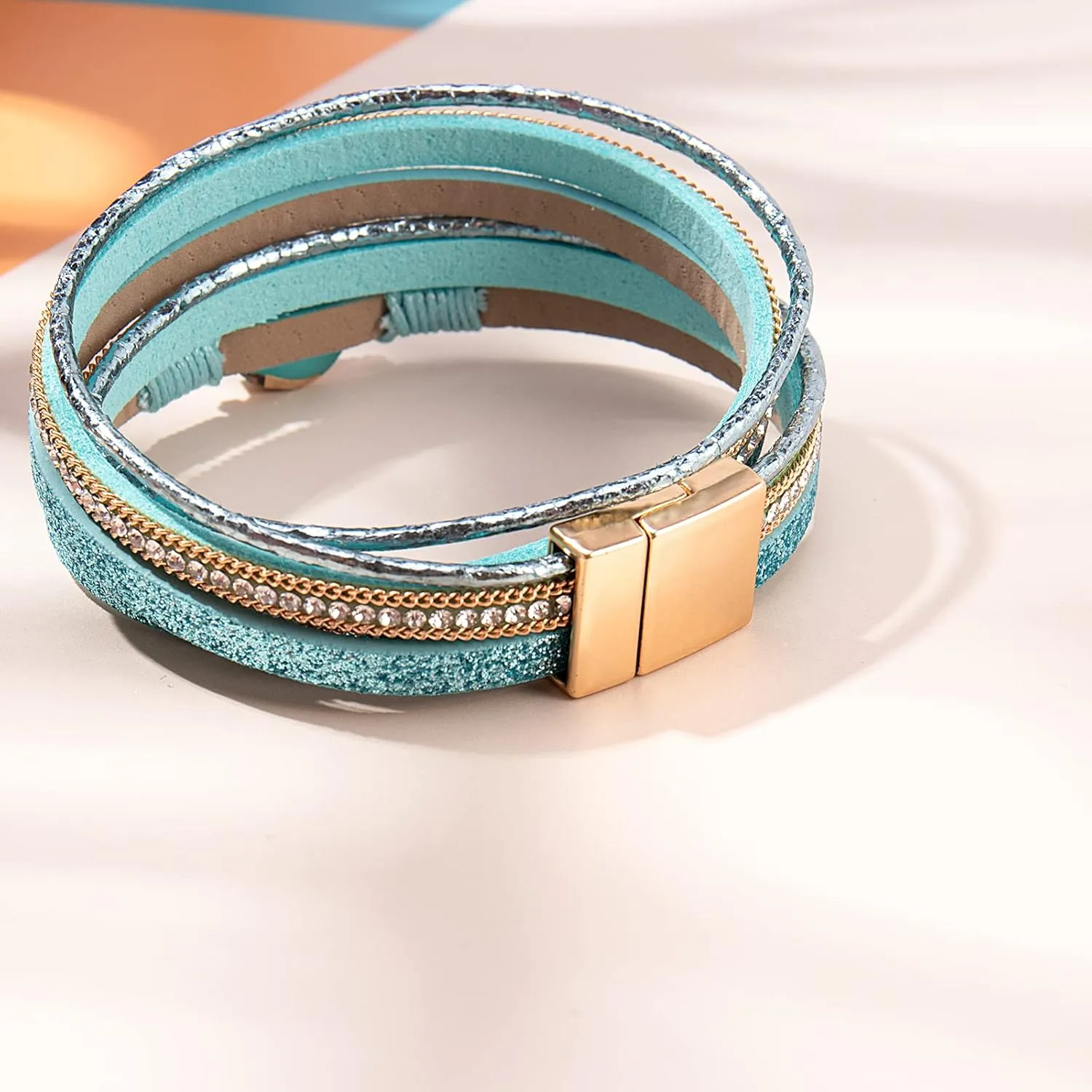 FANCY SHINY Boho Wrap Bracelets Leather Cuff Bracelet Bohemian Jewelry Resin Stone Leather Necklace with Clasp for Women