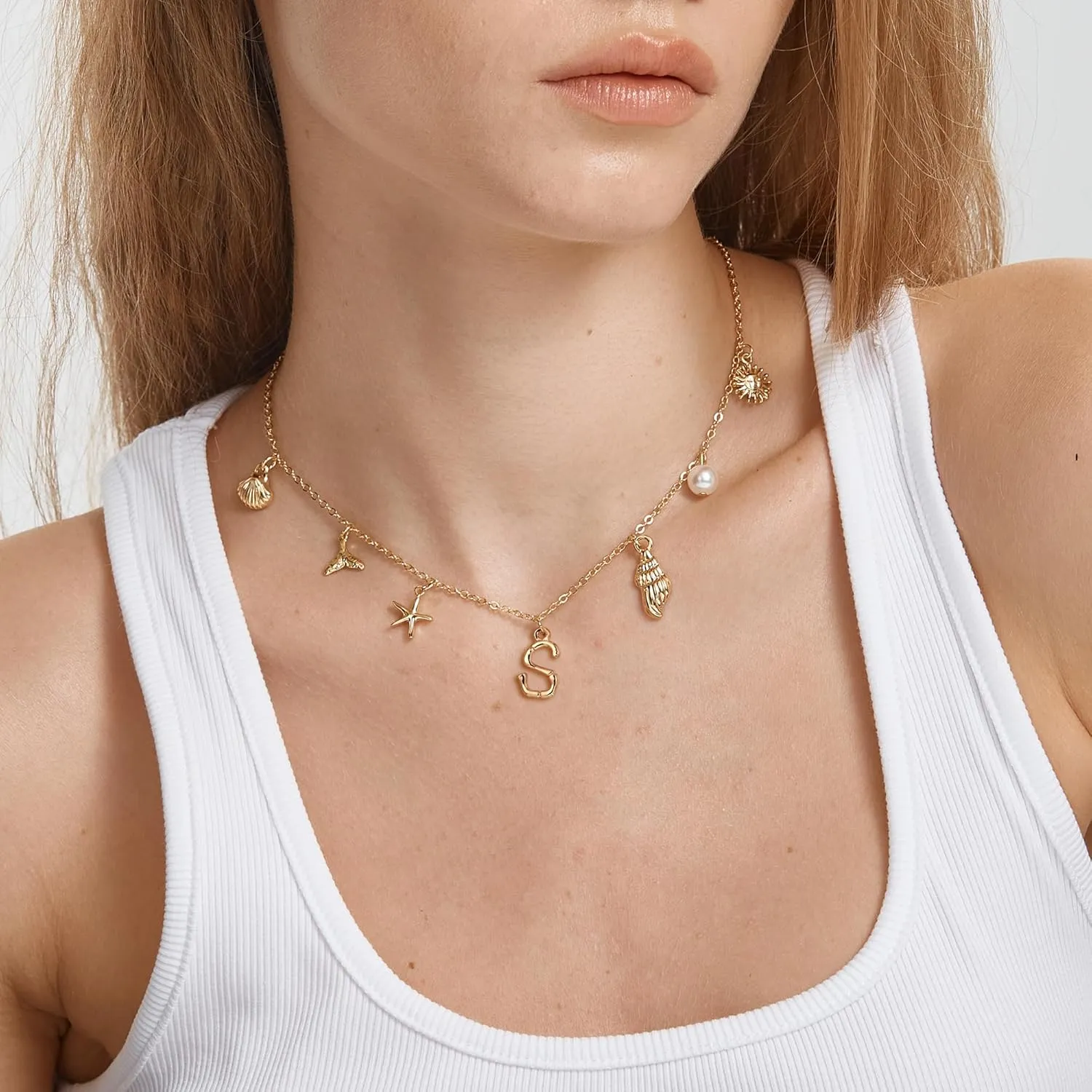 FANZE Initial Necklaces for Women, Personalized Letter Pendant Necklace, Ocean Seashell Starfish Jellyfish Faux Pearl Adjustable Link Chain, Summer Beach Surfer Boho Charms Alphabets Jewelry Gifts