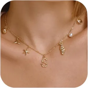 FANZE Initial Necklaces for Women, Personalized Letter Pendant Necklace, Ocean Seashell Starfish Jellyfish Faux Pearl Adjustable Link Chain, Summer Beach Surfer Boho Charms Alphabets Jewelry Gifts