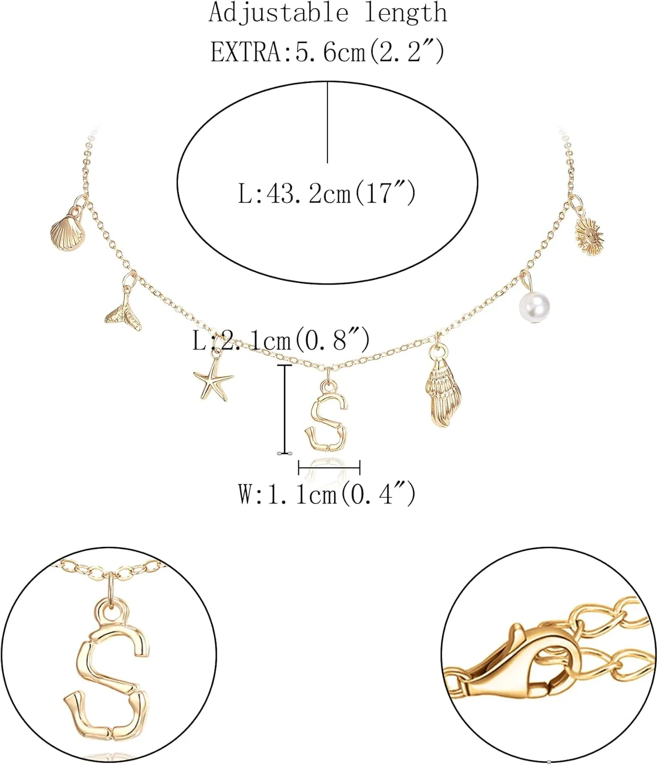 FANZE Initial Necklaces for Women, Personalized Letter Pendant Necklace, Ocean Seashell Starfish Jellyfish Faux Pearl Adjustable Link Chain, Summer Beach Surfer Boho Charms Alphabets Jewelry Gifts