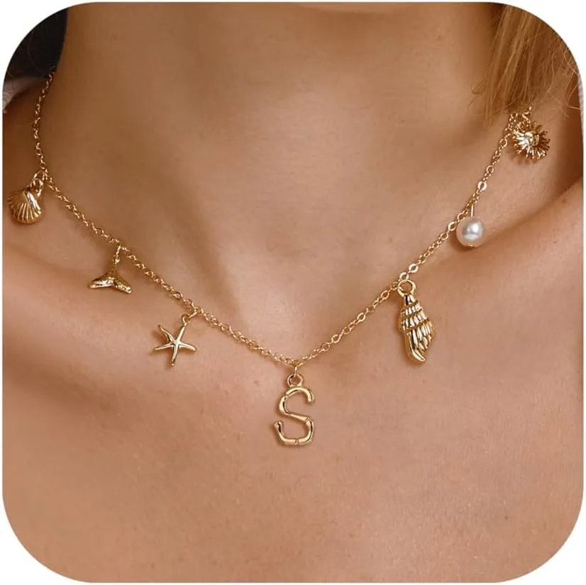 FANZE Initial Necklaces for Women, Personalized Letter Pendant Necklace, Ocean Seashell Starfish Jellyfish Faux Pearl Adjustable Link Chain, Summer Beach Surfer Boho Charms Alphabets Jewelry Gifts