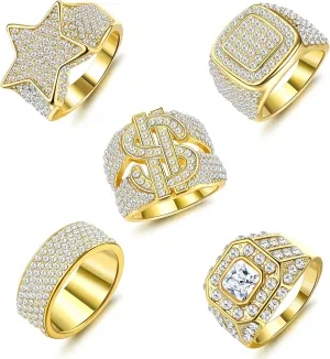 FASACCO 5pcs 18K Gold Plated Bling Pinky Ring Simulated Diamond Iced Out CZ Punky Rappers Star Dollar Sign Hip Hop Ring for Men